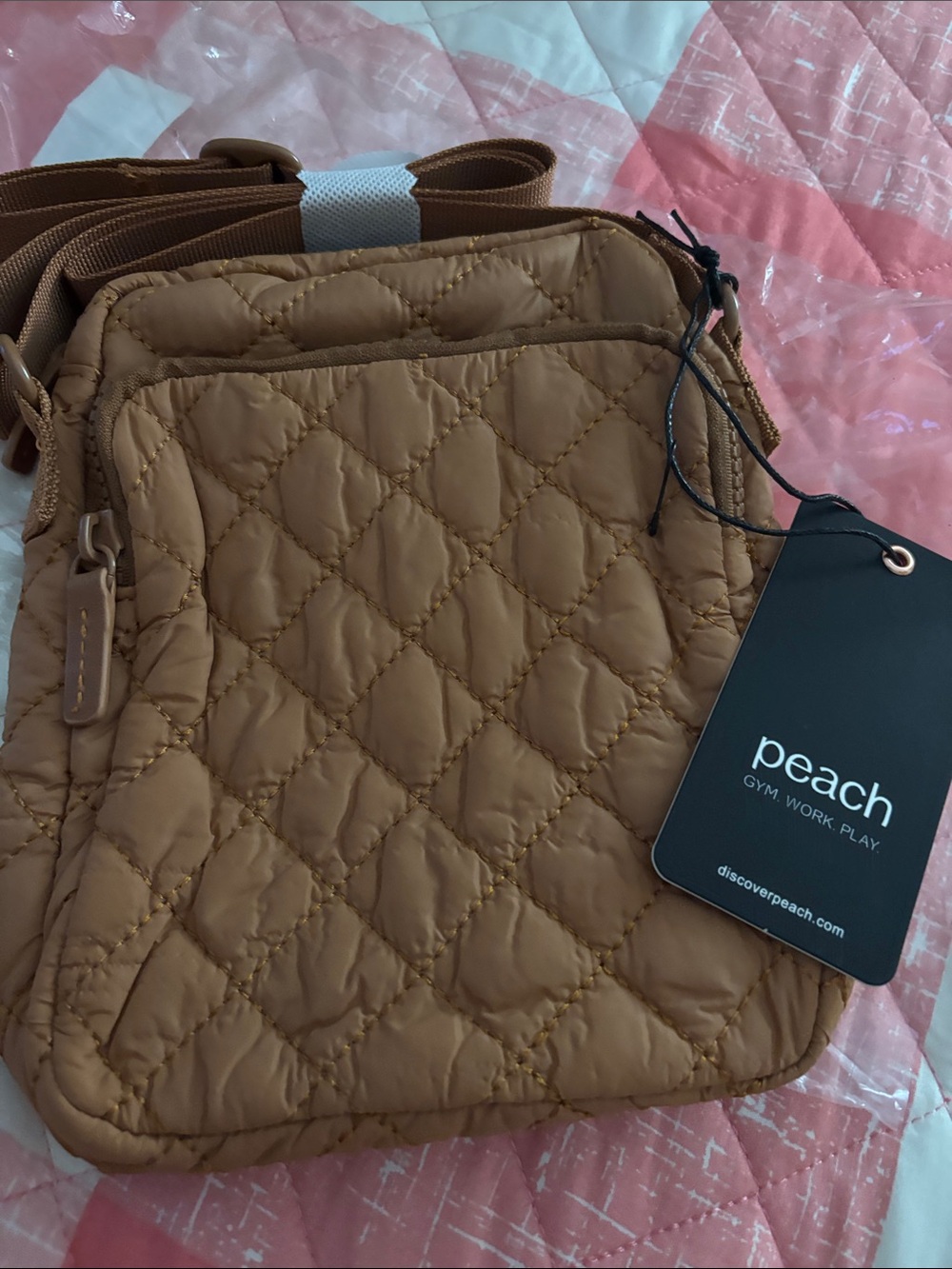 Peach Quilted Crossbody Bag - Compact Everyday Carry/Camel